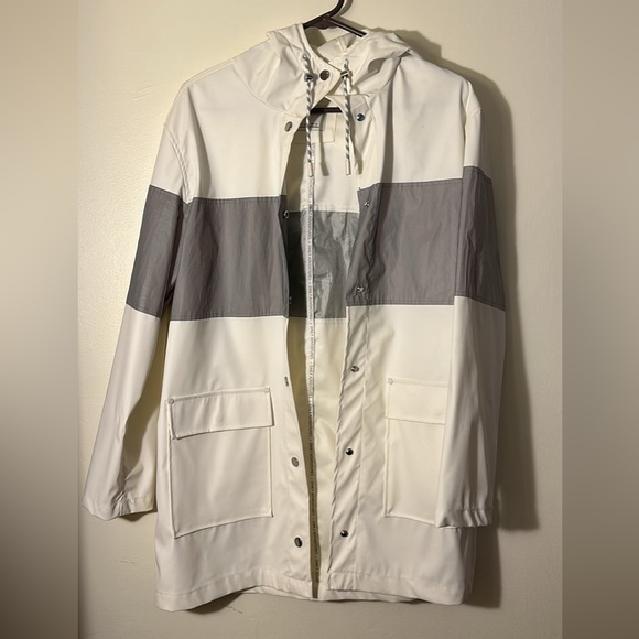 Bershka Jackets & Blazers - Bershka White and Reflective Hooded Rain Coat